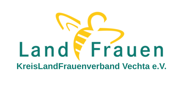 Zu sehen ist das Logo der Landfrauen im Oldenburger Münsterland für den Kreis Vechta. Eine gelbe Biene verbindet in grün die Wörter Land und Frauen. Darunter steht KreisLandFrauenverband Vechta e.V.